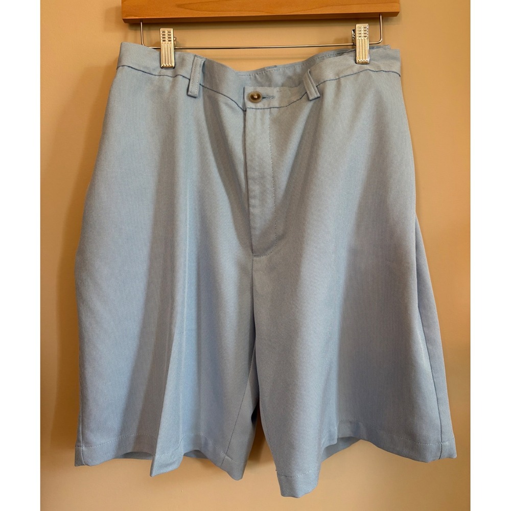 Haggar Cool 18 Pro Mens 40 Light Blue Micro Houndstooth Flat Front Golf Shorts